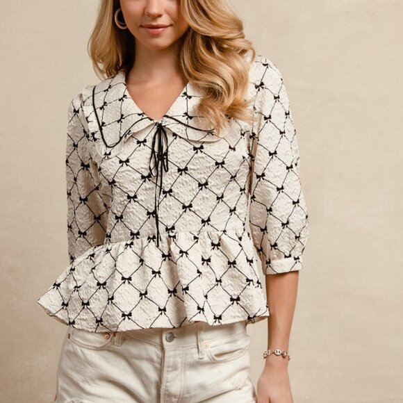 BiBi Bow Prints-patterns Ruffle Collar Details Peplum Top - Picture 4 of 7